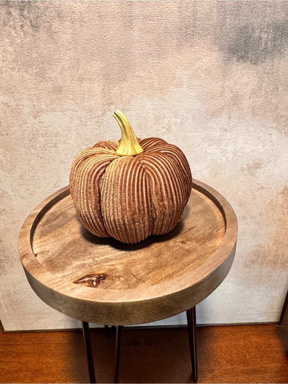 Velvet Ribbed Decorative Pumpkin with Gold Stem